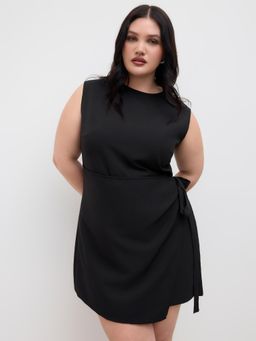 Cider - Round Neckline Knotted Wrap Mini Dress Curve & Plus