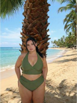 Cider - V-neck Glitter Halter Full Coverage Bikini Set Curve & Plus