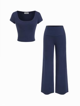 Cider - Built-in Bra Scoop Neckline Top & Mid Rise Straight Leg Trousers Loungewear Set