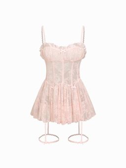 Cider - Lace Sweetheart Bowknot Lettuce Trim Lingerie With Brief Set