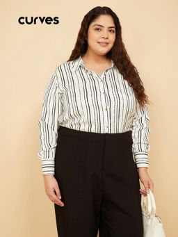 max - Women Striped Satin-Finish Off White Shirt