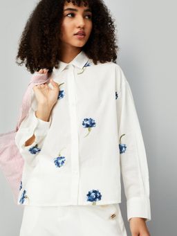 max - Women Floral White Embroidered Shirt