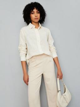 max - Women Floral Textured Beige Oversized Shirt