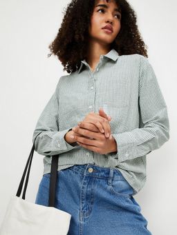 max - Women Regular Fit Striped Green Shirt