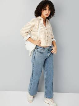 max - Women Striped Beige Cropped Shirt