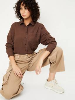 max - Women Brown Seersucker Shirt