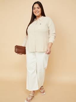 max - Women Textured Beige Regular Fit Shirt