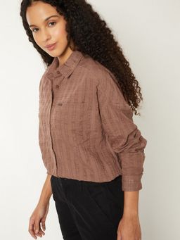 max - Women Textured Brown Oversized Shirt