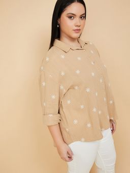 max - Women Floral Beige Embroidered Shirt