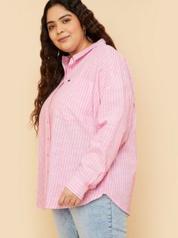 max - Women Striped Pink Oversized Shirt