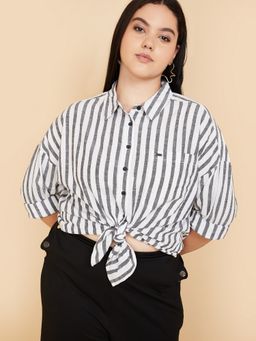 max - Women Striped White Oversized Shirt