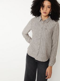max - Women Regular Fit Striped Brown Shirt