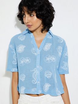 max - Blue Women Printed Cropped Shirt