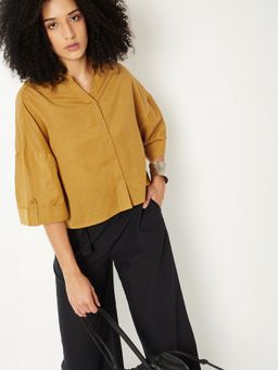 max - Yellow Women Solid Crop Shirt