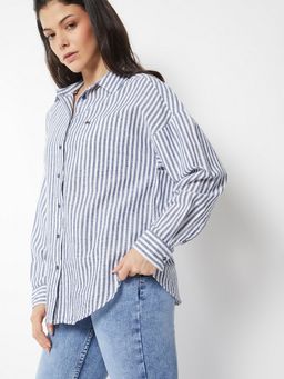 max - Women Striped Blue Oversized Shirt
