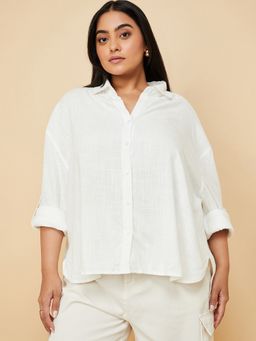 max - Women Textured White Oversized Shirt