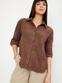 max - Women Brown Embroidered Oversized Shirt