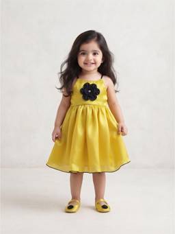 Blabber - Woven Sleeveless Party Knee Dress With Bow Applique and Booties - Yellow