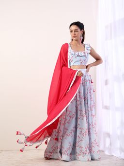 Label Nitika - Sky Blue Ruffle Blouse with Lehenga & Dupatta (Set of 3)