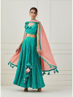 Label Nitika - Teal Lehenga Blouse with Dupatta (Set of 3)