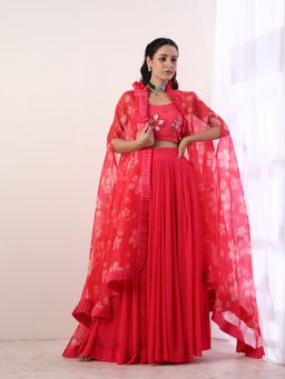 Label Nitika - Hot Pink Pleated Skirt Blouse & Jacket (Set of 3)