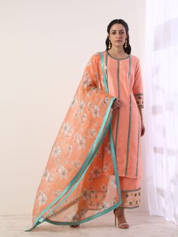 Label Nitika - Coral Kurta with Organza Pant & Dupatta (Set of 3)