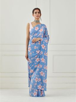 Label Nitika - Floral Printed Moon Blue Crepe Saree with Unstitched Blouse