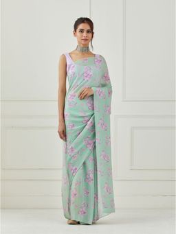 Label Nitika - Mint Green Crepe Saree with Unstitched Blouse