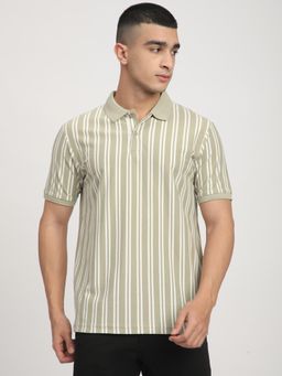 R&B - Men Green Yard Dyed Striped Polo T-Shirt