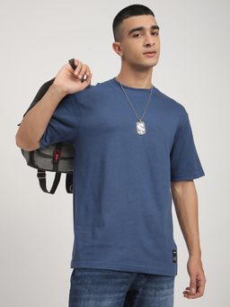 R&B - Men Blue Textured Relaxed Fit T-Shirt