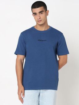 R&B - Men Blue Textured Relaxed Fit T-Shirt