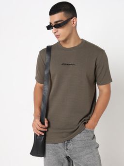 R&B - Men Olive Textured Relaxed Fit T-Shirt
