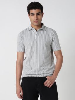 R&B - Men Grey Striped Polo T-Shirt