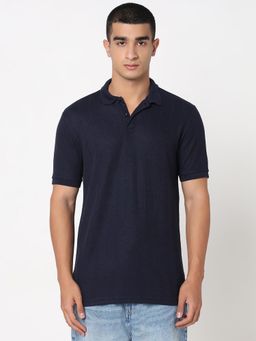 R&B - Men Navy Blue Textured Polo T-Shirt