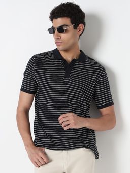 R&B - Men Navy Blue Casual Polo T-Shirt