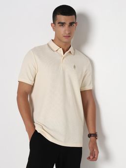 R&B - Men Beige Dobby Slim Fit Polo T-Shirt