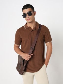 R&B - Men Brown Dobby Slim Fit Polo T-Shirt