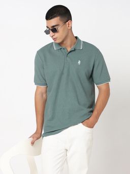 R&B - Men Green Dobby Slim Fit Polo T-Shirt