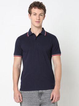 R&B - Men Navy Blue Casual Textured Polo T-Shirt