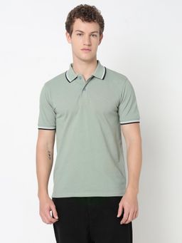 R&B - Men Green Casual Textured Polo T-Shirt
