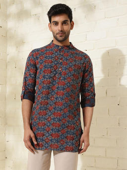 Fabindia - Blue Cotton Printed Slim Fit Short Kurta
