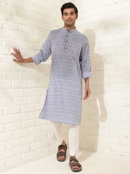 Fabindia - Blue Cotton Hand Block Printed Slim Fit Kurta