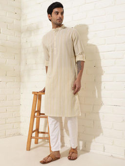 Fabindia - Beige Cotton Striped Slim Fit Kurta
