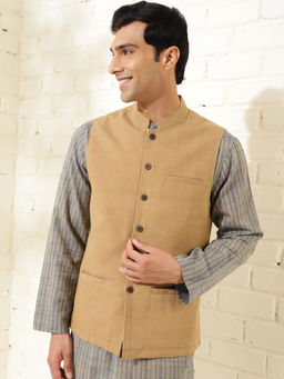Fabindia - Brown Cotton Woven Nehru Jacket