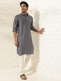 Fabindia - Grey Viscose Silk Regular Fit Pathani Kurta