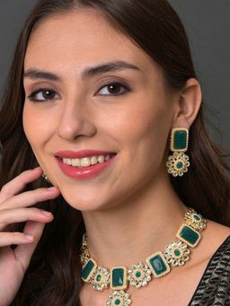Sohi - Gold Plated Green Stone Studded Jewellery (Set of 2)