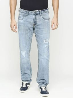 Spykar - Men Vintage Blue Slim Fit Narrow Length Low Distress Low Rise Jeans