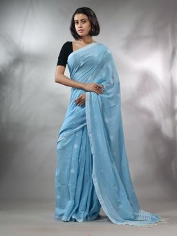 CHARUKRITI - Sky Blue Cotton Handwoven Saree with Texture Pattern & Unstitched Blouse