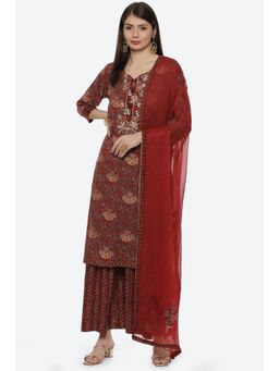 Biba - Red Cotton Unstitched Suit (Set of 3)