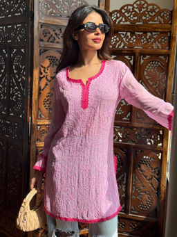 Label Aishwaryrika - Flora Rose Pink Chikankari Short Kurti